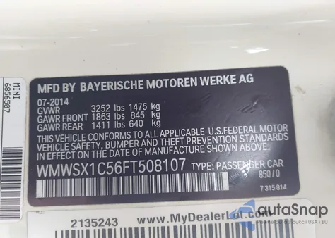 2015 Mini Coupe Cooper z USA, uszkodzony, nr VIN WMWSX1C56FT508107